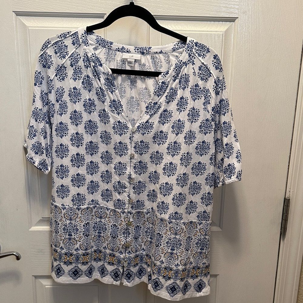 J. Jill Navy and White Patterned Button Front Blouse Cotton Modal Blend